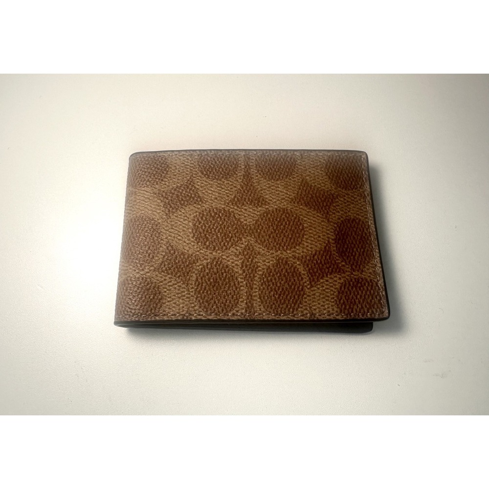 Coach CW368 Compact Billfold Wallet Men Signature Canvas Khaki Brown Tan Slim
